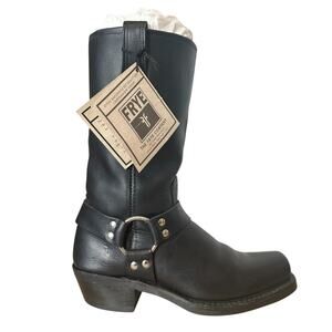 Vintage Frye Black Leather Mid Calf Square Toe Harness Boots 9